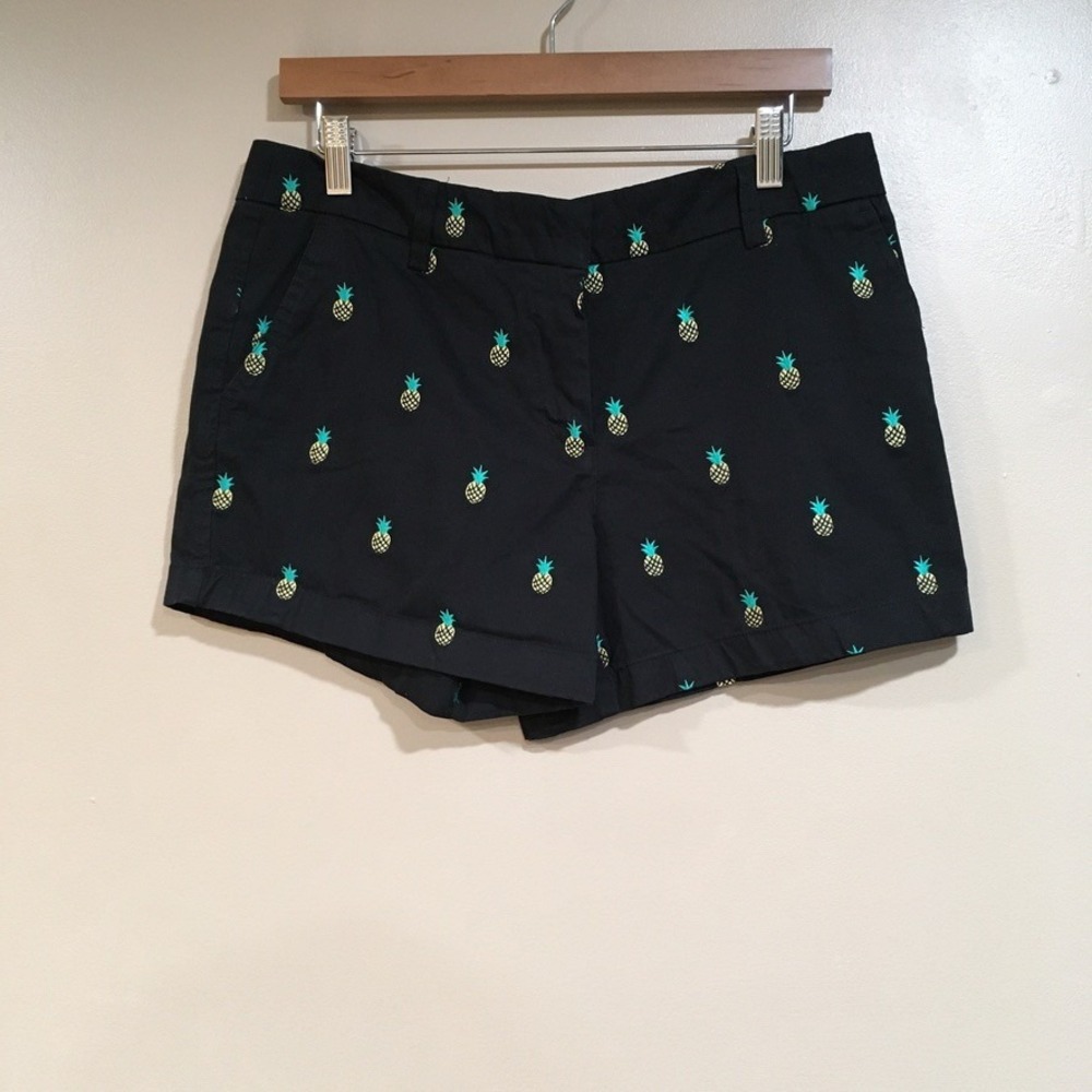 Cambridge Dry Goods Pineapple Embroidered Chino Shorts Womens 8 Black Tropical